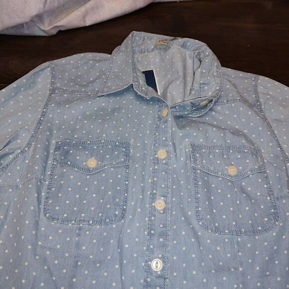 New Per Se Blue Chambray Dot Button Down Long Sleeved Shirt Size Women's Small - Picture 2 of 2